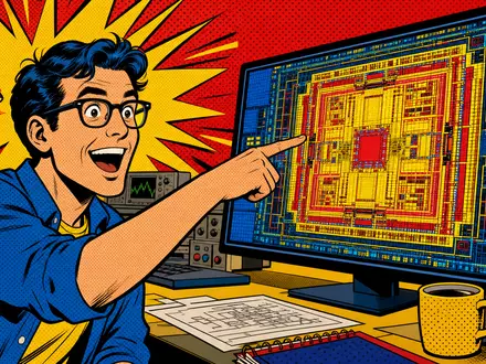 Cadence Design Systems US12541W1027 Pop-Art-Comic Ingenieur zeigt begeistert auf Chip-Design-Schaltplan auf Monitor-Bildschirm - Foto: THN