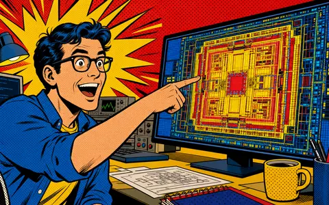 Cadence Design Systems US12541W1027 Pop-Art-Comic Ingenieur zeigt begeistert auf Chip-Design-Schaltplan auf Monitor-Bildschirm - Foto: THN