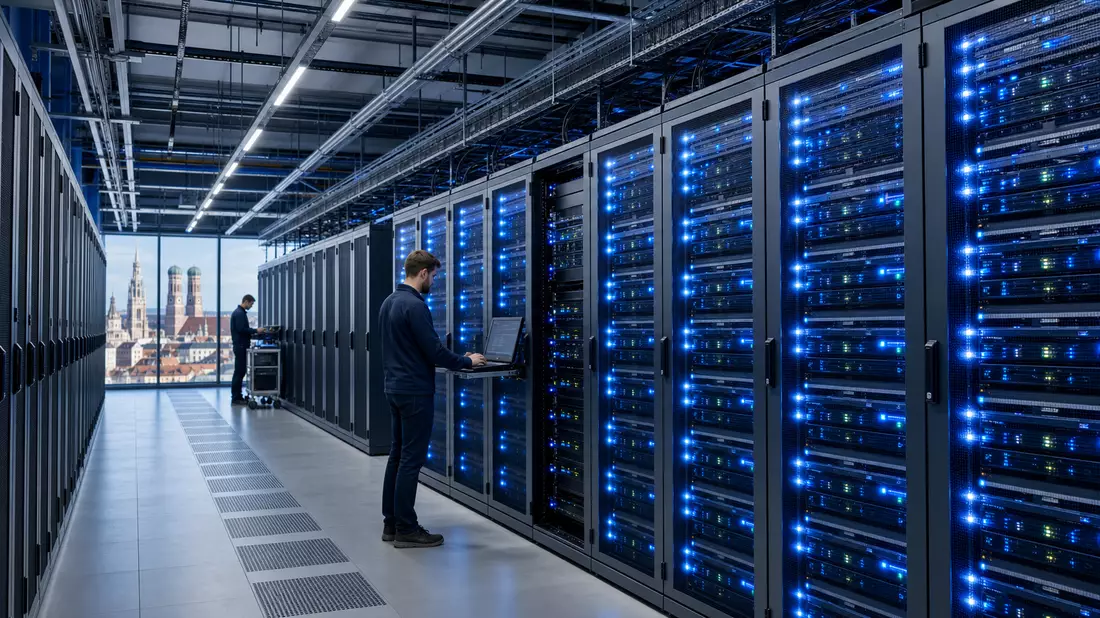 Modernes Rechenzentrum München mit beleuchteten Serverracks, IT-Techniker bei der Arbeit