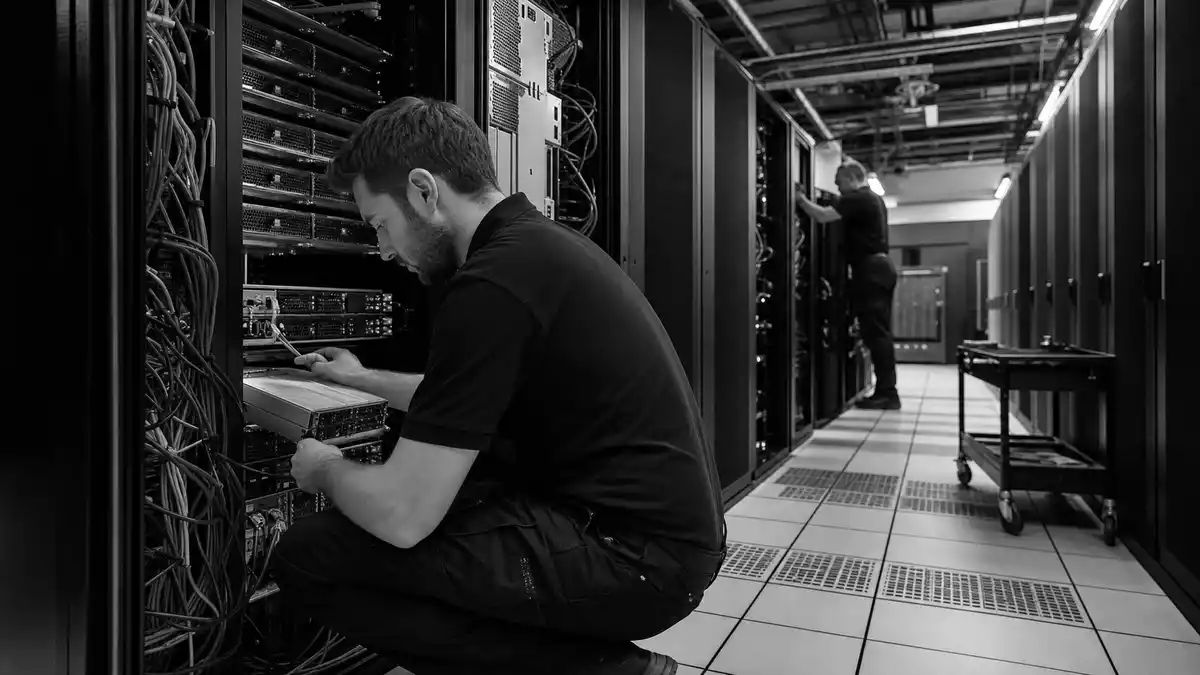 Schwarzweiß-Fotografie eines IT-Technikers bei Serverinstallation im Rechenzentrum
