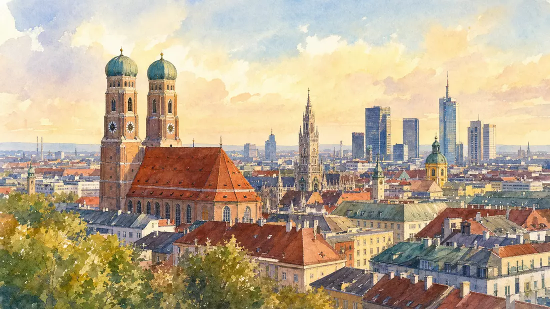 Aquarellmalerei der Münchner Stadtsilhouette mit Frauenkirche und modernen Bürogebäuden