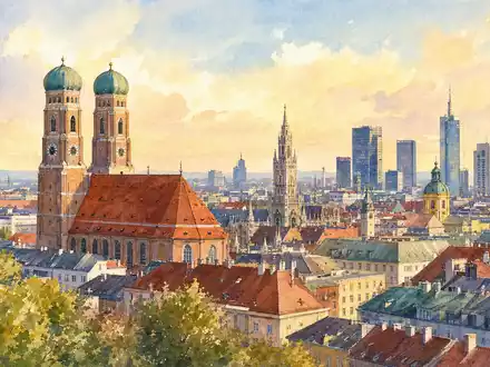 Cancom SE Firmensitz München DE0005419105 aquarelliert in weichen Pastelltönen als Stadtpanorama der bayerischen Metropole - Foto: THN