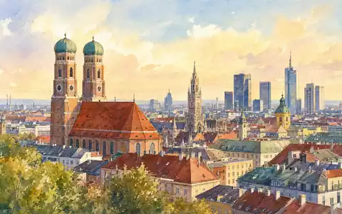 Cancom SE Firmensitz MĂŒnchen DE0005419105 aquarelliert in weichen Pastelltönen als Stadtpanorama der bayerischen Metropole - Foto: THN