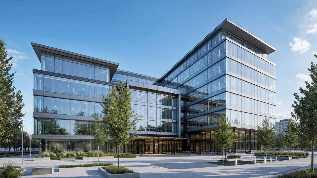 Architekturvisualisierung moderner Glasfassade eines IT-Unternehmens in München