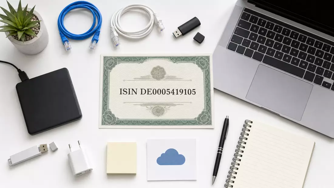 Draufsicht auf Aktienzertifikat ISIN DE0005419105, Netzwerkkabel, USB-Stick und Laptop