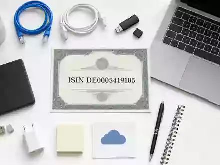 Cancom SE Aktie DE0005419105 als Flatlay mit ISIN-Zertifikat, Laptop und IT-Zubehör auf weißem Hintergrund - Foto: THN
