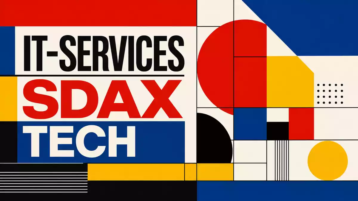 Bauhaus-Poster im Konstruktivismus-Stil mit Text IT-SERVICES SDAX TECH und geometrischen Farben