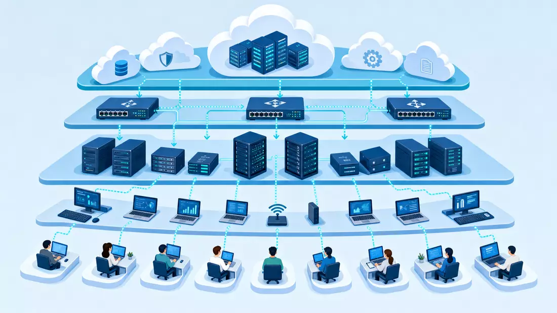 Isometrische 3D-Illustration der IT-Wertschöpfungskette: Cloud, Server, Netzwerk, Arbeitsplätze