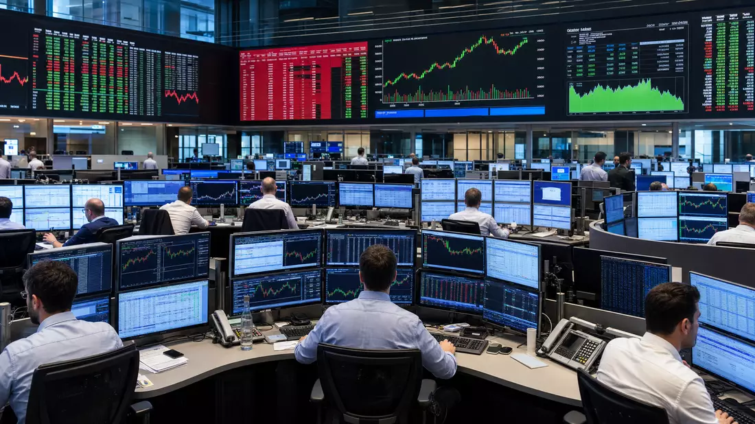 Frankfurter Börsensaal mit Händlern, Monitoren und SDAX IT-Sektor Kursdiagrammen