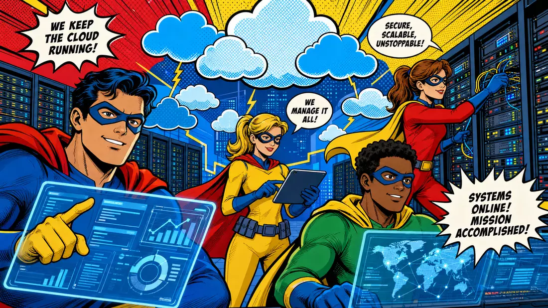 Bunter Pop-Art-Comic mit IT-Superhelden, Serverracks und Cloud-Symbolen im Retro-Stil