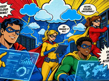 Cancom SE Cloud-Services DE0005419105 im Pop-Art-Comic-Stil mit IT-Superhelden die Rechenzentrum und Cloud managen - Foto: THN