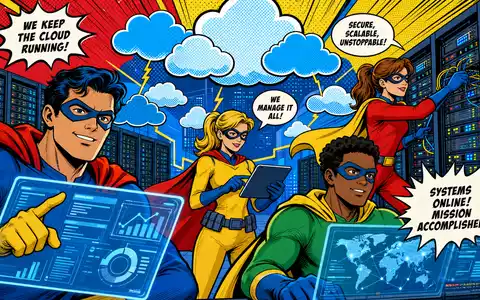 Cancom SE Cloud-Services DE0005419105 im Pop-Art-Comic-Stil mit IT-Superhelden die Rechenzentrum und Cloud managen - Foto: THN