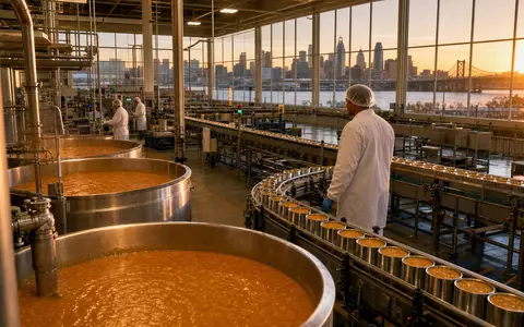 Campbell Soup Co. Produktionsanlage in Camden NJ mit Suppenkesseln und Förderband, ISIN US1280301048 - Foto: THN