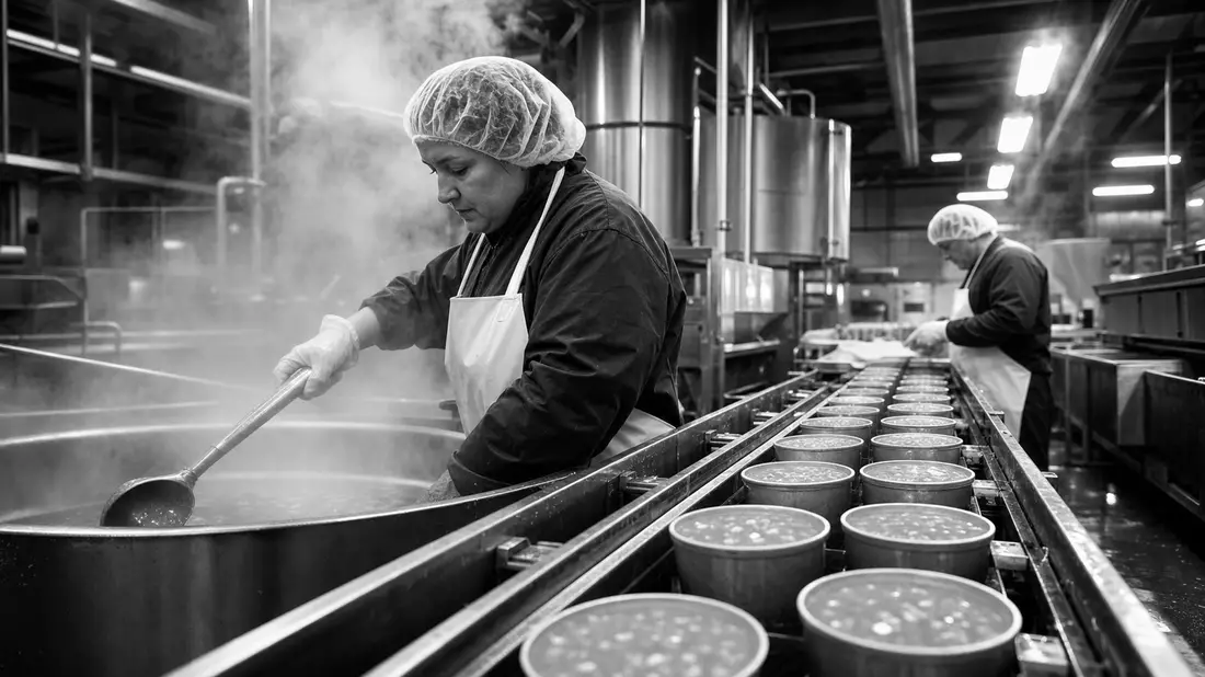 Dokumentarische SW-Aufnahme der Campbell Soup Co. Produktionslinie