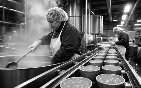 Campbell Soup Co. Arbeiter dokumentarisch in Schwarzweiß an Suppenkesseln und Konservenband, ISIN US1280301048 - Foto: THN
