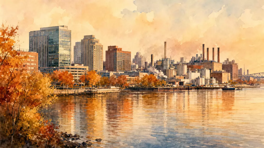 Aquarell der Campbell Soup Co. Skyline von Camden NJ am Fluss