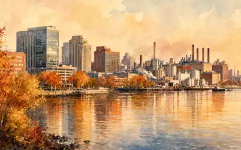 Campbell Soup Co. Hauptsitz Camden NJ am Delaware River in warmen Herbstaquarellfarben, US1280301048 - Foto: THN