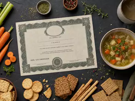 Flatlay mit Aktienzertifikat ISIN US1280301048 und Suppenschüssel, Snacks von Campbell Soup Co - Foto: THN