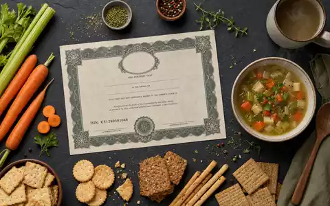 Flatlay mit Aktienzertifikat ISIN US1280301048 und Suppenschüssel, Snacks von Campbell Soup Co - Foto: THN