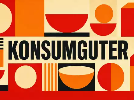 Bauhaus-Poster mit Text KONSUMGÜTER für Campbell Soup Co. in geometrischen Primärfarben, US1280301048 - Foto: THN
