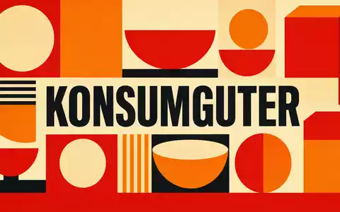 Bauhaus-Poster mit Text KONSUMGÜTER für Campbell Soup Co. in geometrischen Primärfarben, US1280301048 - Foto: THN