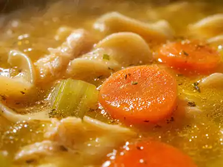 Makro-Nahaufnahme goldener Hühnersuppe mit Nudeln und Karotten von Campbell Soup Co., US1280301048 - Foto: THN