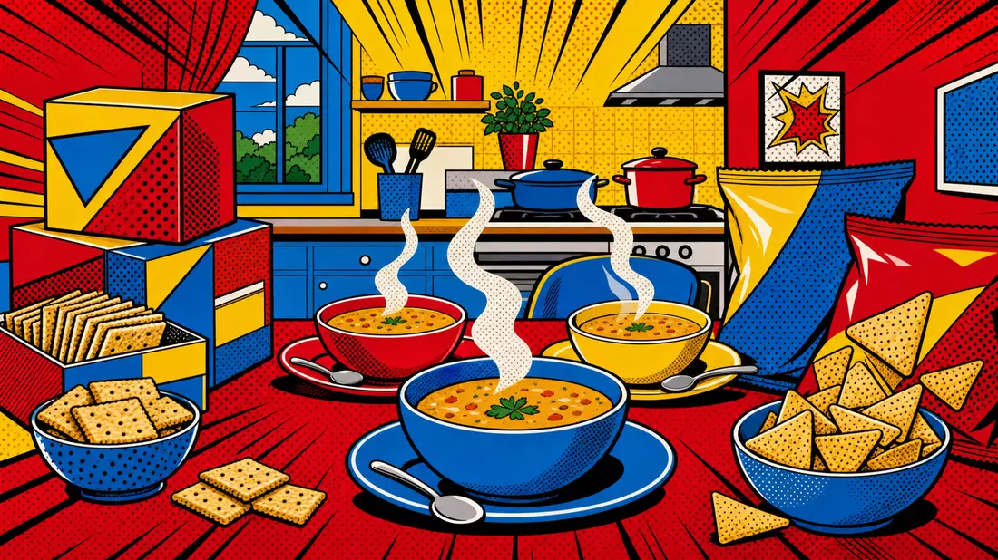 Pop-Art-Comic-Szene mit Suppen und Snacks im Lichtenstein-Stil