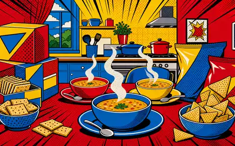 Campbell Soup Co. im Pop Art Comic Stil mit dampfenden Suppenschüsseln und bunten Snacks, US1280301048 - Foto: THN