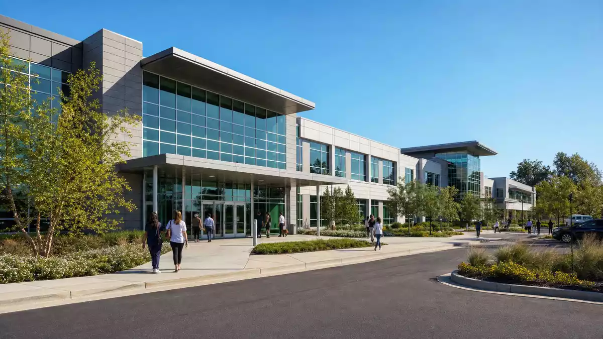 Modernes Bürogebäude eines US-Krankenversicherers mit Glasfassade und gepflegtem Außengelände