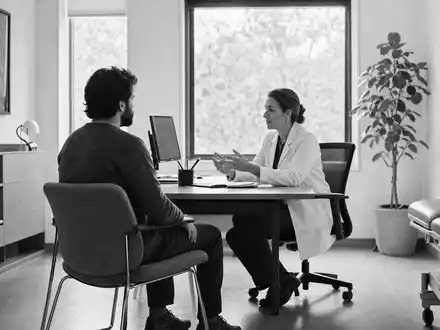 Cigna Group Beratungsgespräch in Schwarzweiß-Reportage-Stil, ISIN US1255231003, Arzt und Patient im Büro - Foto: THN