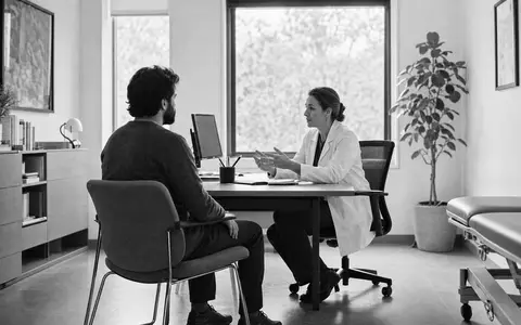 Cigna Group Beratungsgespräch in Schwarzweiß-Reportage-Stil, ISIN US1255231003, Arzt und Patient im Büro - Foto: THN