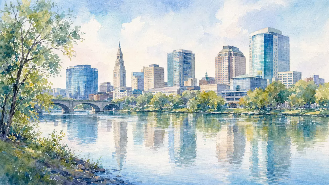 Aquarellmalerei der Skyline von Hartford mit Fluss und modernen Bürotürmen in Pastellfarben