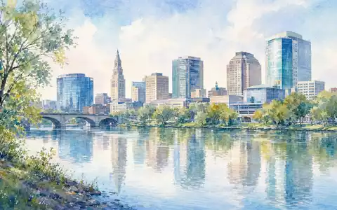 Cigna Group Aquarell-Stadtpanorama Hartford Connecticut, ISIN US1255231003, Fluss und Skyline in Pastelltönen - Foto: THN