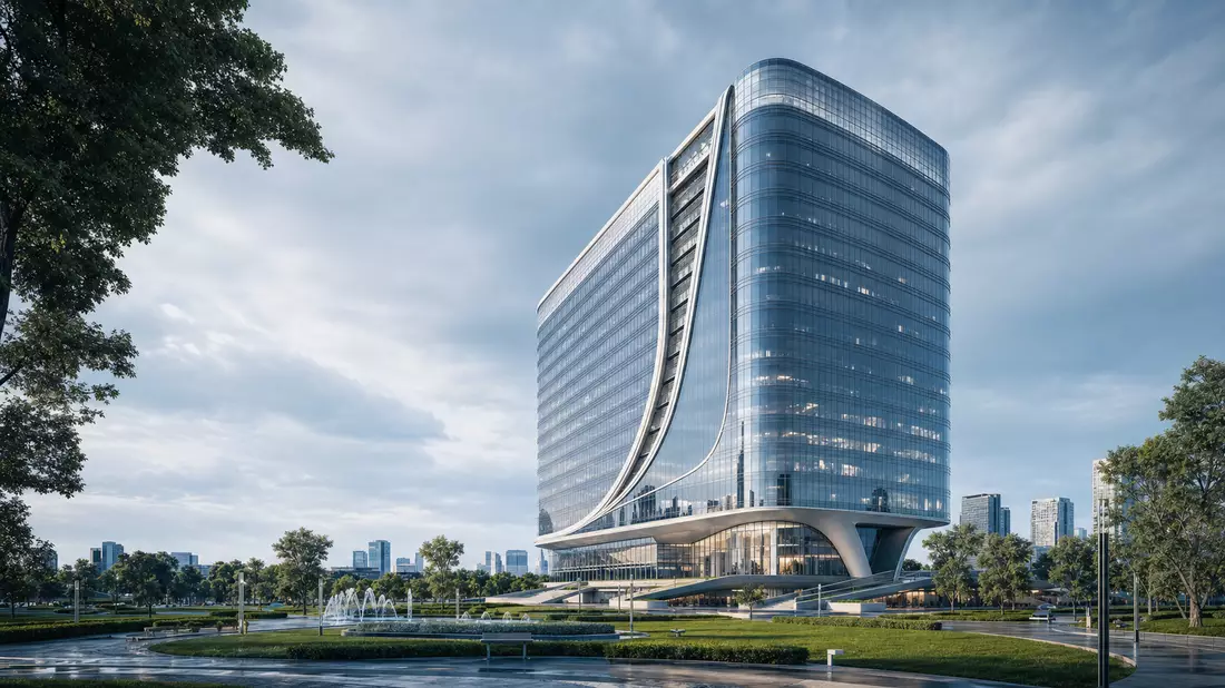 Architektur-CGI-Render eines modernen geschwungenen Glasturms für eine Krankenversicherung mit Brunnen
