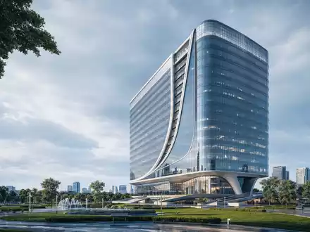 Cigna Group modernes Hochhaus Architektur-Render Glasturm, ISIN US1255231003, geschwungene Fassade mit Plaza - Foto: THN