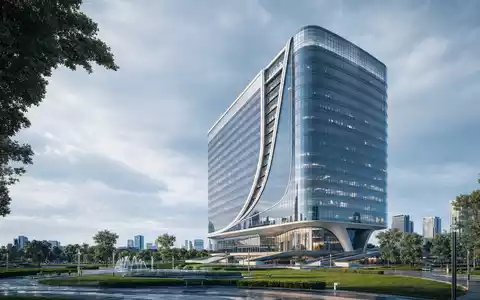 Cigna Group modernes Hochhaus Architektur-Render Glasturm, ISIN US1255231003, geschwungene Fassade mit Plaza - Foto: THN