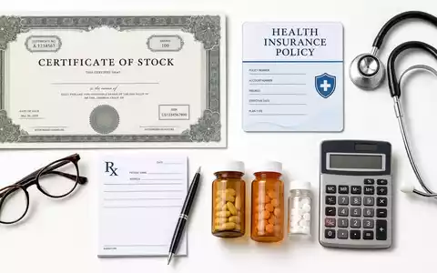 Cigna Group Flatlay mit Aktienzertifikat ISIN US1255231003, Stethoskop, Versicherungspolice und Medikamentenfläschchen auf weißem Untergrund - Foto: THN