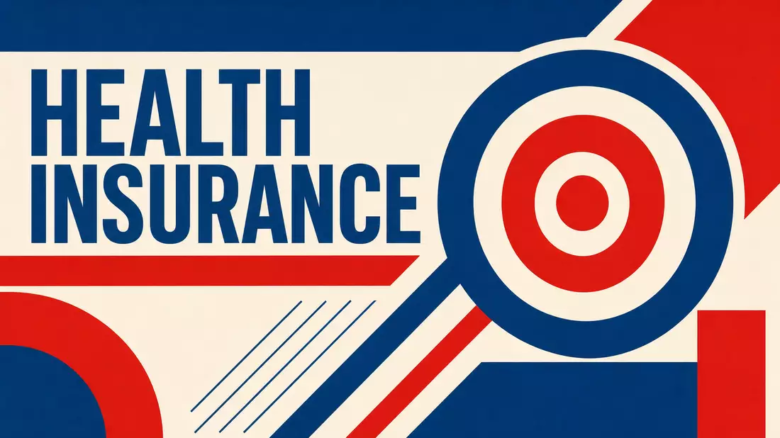 Bauhaus-inspiriertes geometrisches Poster mit dem Text HEALTH INSURANCE in Blau, Rot und Weiß
