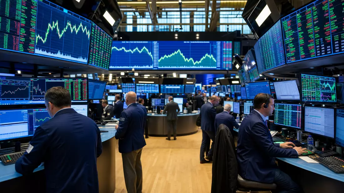 Redaktionelles Foto des NYSE-Handelssaals mit Händlern und Bildschirmen voller Gesundheitssektor-Charts