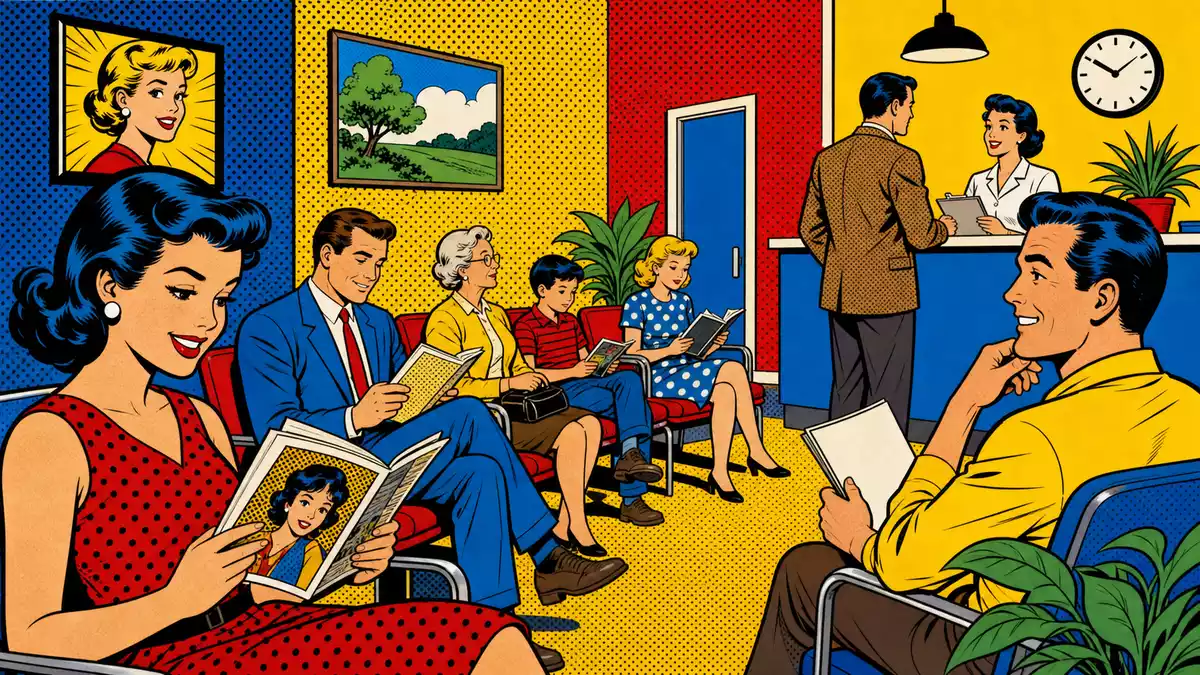 Farbenfrohe Pop-Art-Comic-Szene in einem Wartezimmer einer Gesundheitsklinik im Retro-60er-Stil