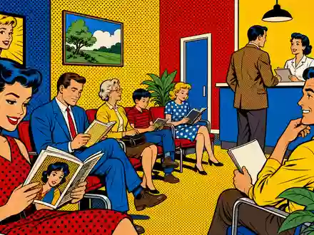 Cigna Group Pop-Art-Comic-Szene im Wartezimmer einer Krankenversicherungsklinik, ISIN US1255231003, Retro-Stil mit Primärfarben - Foto: THN