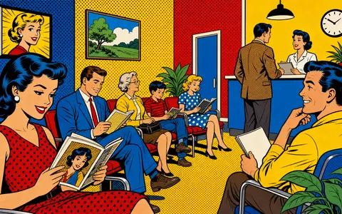 Cigna Group Pop-Art-Comic-Szene im Wartezimmer einer Krankenversicherungsklinik, ISIN US1255231003, Retro-Stil mit Primärfarben - Foto: THN