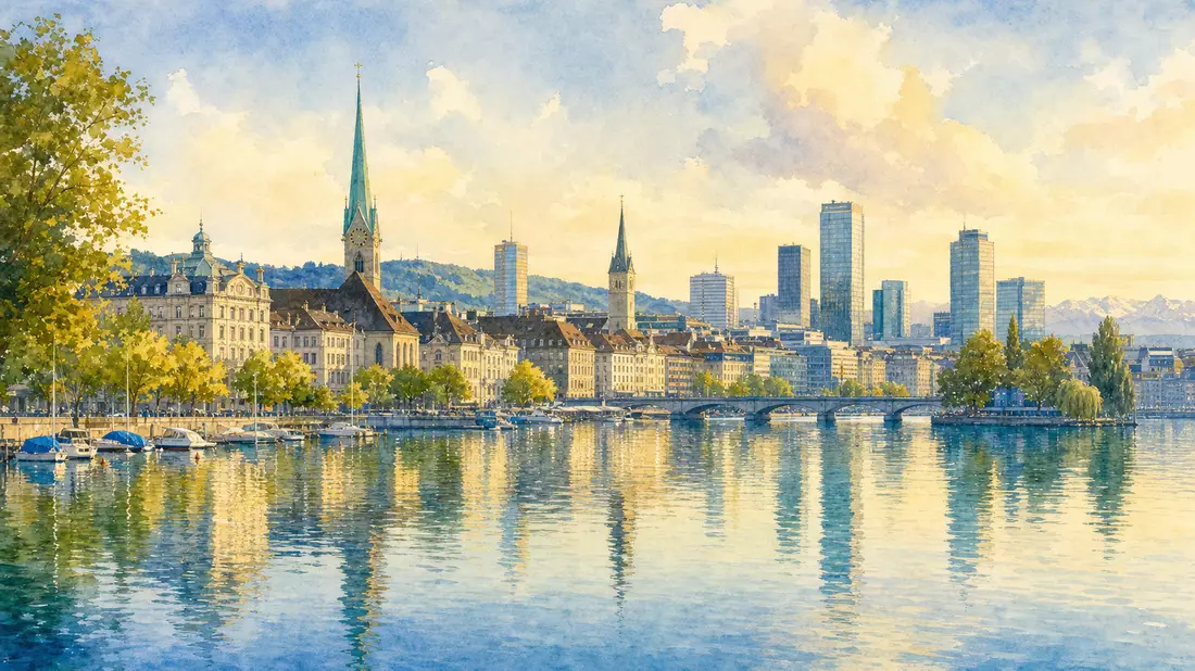Aquarellmalerei der Zürich Skyline mit Seespiegelung in Pastellfarben