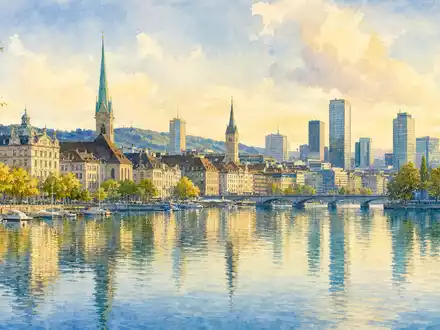 Chubb Limited Standort CH0044328745 Zürich mit impressionistischer Aquarell-Skyline und Seespiegelung in Pastellfarben - Foto: THN