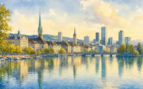 Chubb Limited Standort CH0044328745 Zürich mit impressionistischer Aquarell-Skyline und Seespiegelung in Pastellfarben - Foto: THN