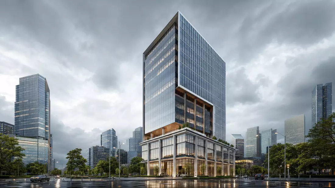 CGI-Architekturvisualisierung eines modernen Glasturms im Finanzbezirk