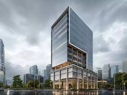 Chubb Limited Büroturm CH0044328745 als fotorealistisches CGI-Architekturrender eines schlanken Glasturms im Finanzviertel - Foto: THN