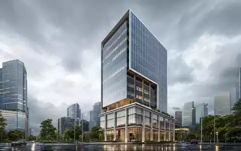 Chubb Limited Büroturm CH0044328745 als fotorealistisches CGI-Architekturrender eines schlanken Glasturms im Finanzviertel - Foto: THN
