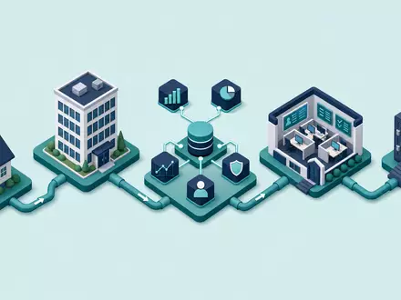 Chubb Limited Versicherungs-Wertschöpfungskette CH0044328745 als isometrisches 3D-Prozessdiagramm mit vernetzten Branchenschritten in Teal - Foto: THN