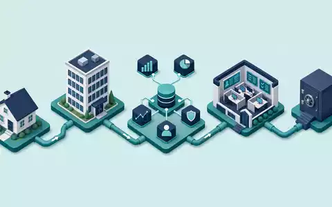 Chubb Limited Versicherungs-Wertschöpfungskette CH0044328745 als isometrisches 3D-Prozessdiagramm mit vernetzten Branchenschritten in Teal - Foto: THN